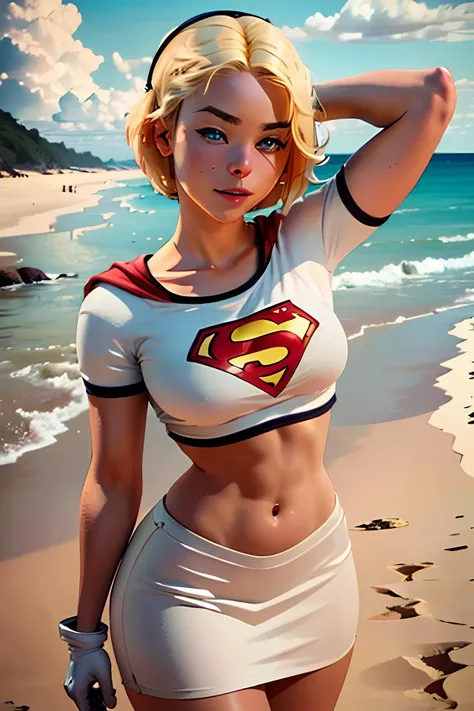photorealistic, octane render, best quality, sharp focus, 8k, 4k, Masterpiece, <lora:Milly_Alcock-v1:1> a woman m111y, Milly Alcock, blonde hair, blue eyes, short hair, centre parting hair, facing viewer, looking at viewer, upper body, <lora:Supergirl_Galatea:0.6> Supergirl, short hair, black hairband, white croptop, short sleeves, red cape, blue pencil skirt, red boots, white gloves, outside, beach, sand, ocean, clouds, facing viewer, looking at viewer, hands behind head, biting lip