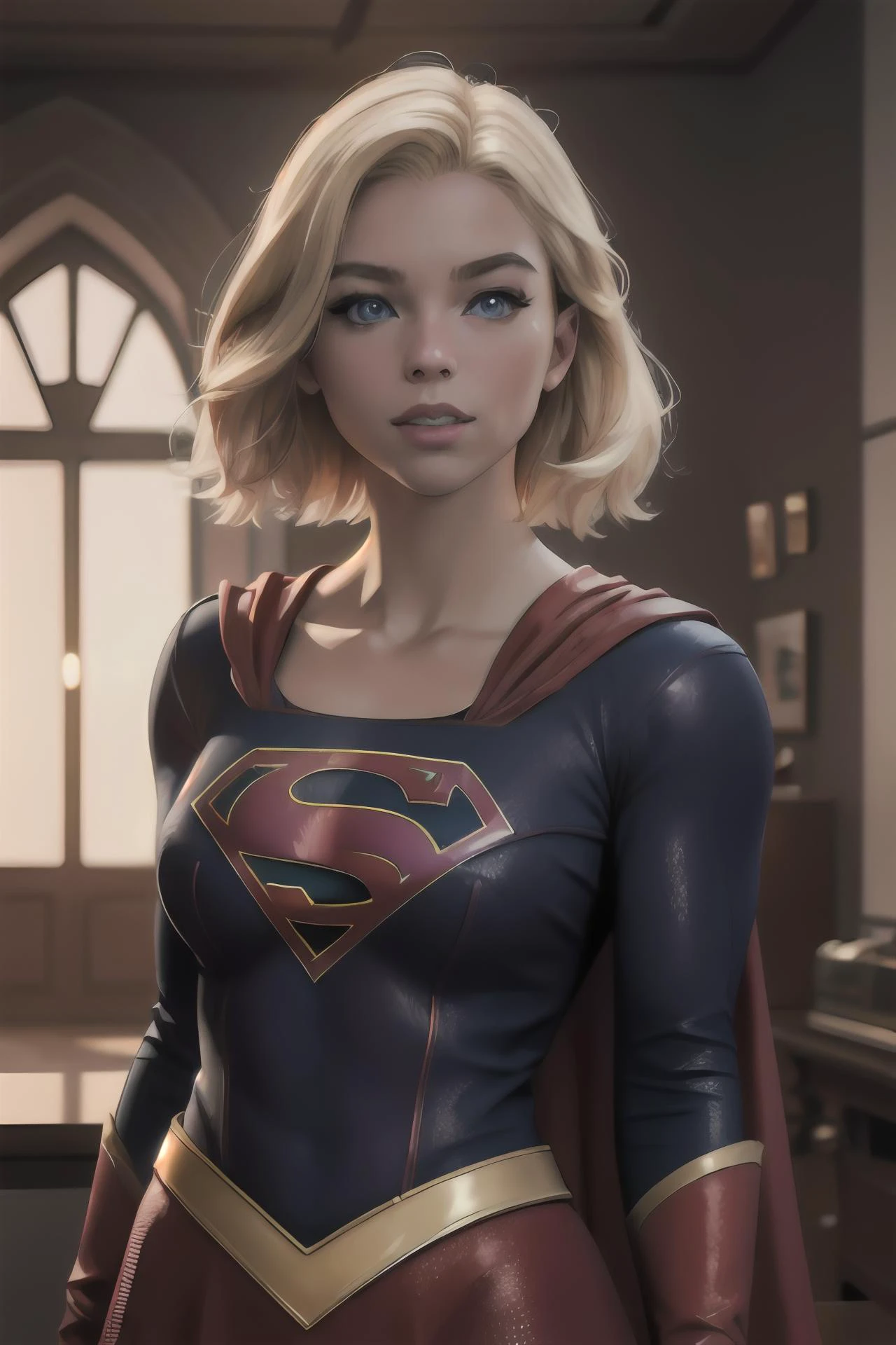 photorealistic, octane render, best quality, sharp focus, 8k, 4k, Masterpiece, <lora:Milly_Alcock-v1:0.8> a woman m111y, <lora:Supergirl:0.5> supergirl, Milly Alcock wearing Supergirl outfit, blonde hair, blue eyes, short hair, centre parting hair, facing viewer, looking at viewer