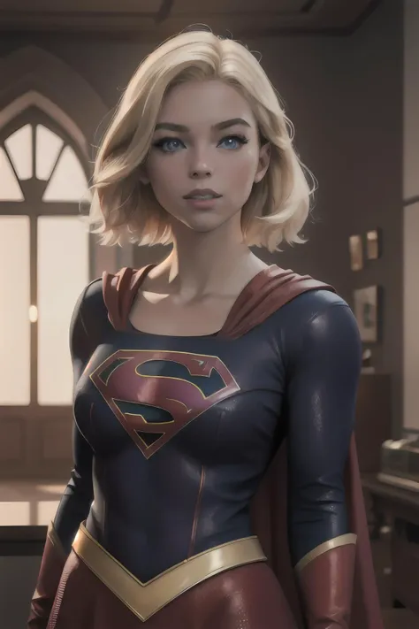 photorealistic, octane render, best quality, sharp focus, 8k, 4k, Masterpiece,   <lora:Milly_Alcock-v1:0.8> a woman m111y,  <lora:Supergirl:0.5> supergirl, Milly Alcock wearing Supergirl outfit, blonde hair, blue eyes, short hair, centre parting hair, facing viewer, looking at viewer