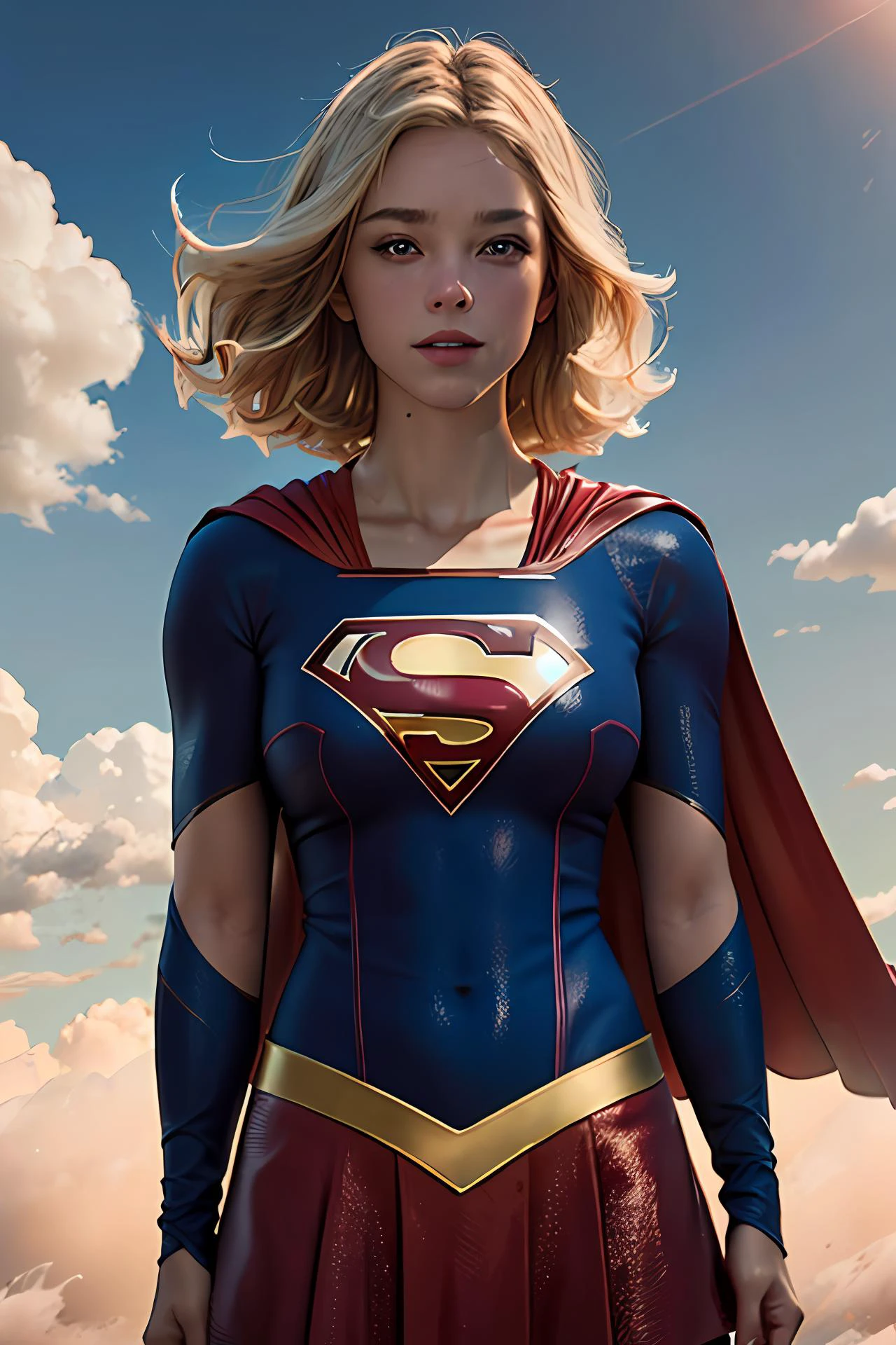 photorealistic, octane render, best quality, sharp focus, 8k, 4k, Masterpiece, <lora:Milly_Alcock-v1:0.8> a woman m111y, <lora:Supergirl:0.8> supergirl, Milly Alcock wearing Supergirl outfit, blonde hair, blue eyes, short hair, centre parting hair, facing viewer, looking at viewer, upper body, red cape, blue shirt, belt, outside, flying sky, clouds,