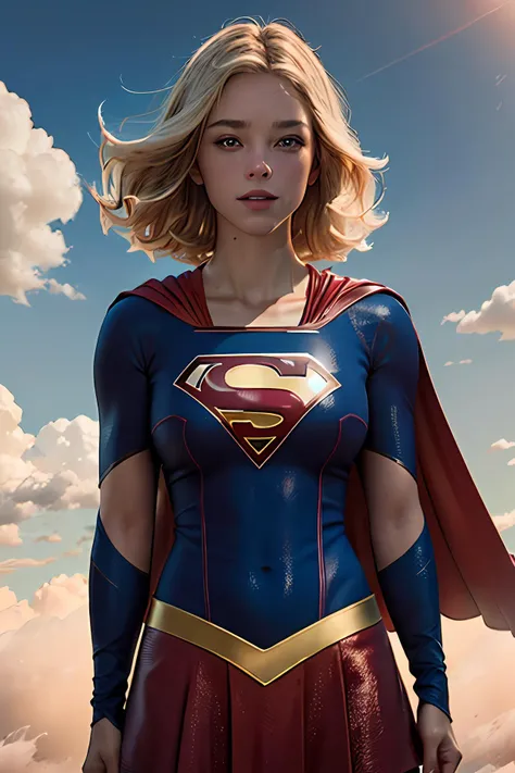 photorealistic, octane render, best quality, sharp focus, 8k, 4k, Masterpiece,   <lora:Milly_Alcock-v1:0.8> a woman m111y,  <lora:Supergirl:0.8> supergirl, Milly Alcock wearing Supergirl outfit, blonde hair, blue eyes, short hair, centre parting hair, facing viewer, looking at viewer, upper body, red cape, blue shirt, belt,  outside, flying sky, clouds,