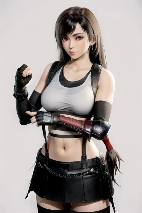 GAME_tifalockheart_aiwaifu,aiwaifu,suspenders,tifa lockhart,crop top,elbow gloves,fingerless gloves,gloves,long hair,tank top,black hair,midriff,black skirt,skirt,low-tied long hair,suspender skirt,thighhighs,black thighhighs,earrings,jewelry,black gloves,large breasts,miniskirt,sports bra,zettai ryouiki,bare shoulders,red eyes,navel,shirt,elbow pads,white tank top,lips,brown eyes,adjusting clothes,adjusting gloves,taut clothes,belt,chain,collarbone,shorts,stomach,thighs,arm guards,black pantyhose,pantyhose,pleated skirt,very long hair,(masterpiece,best quality:2),ultra detailed, highres,incredibly_absurdres,8k, perfect lighting,highly detailed,scenery,pose,straight-on,solo,looking at viewer, <lora:GAME_tifalockheart_aiwaifu:0.8>