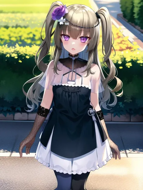 (hyper extreme detailed),(masterpeace),(hyper extreme),(photorealistic),CG,1girl, outdoors, <lora:meimei_himari:1>meimei_himari,flaxen hair,two said up,long hair,purple eyes,dark dress,sleeveless,pantyhose,sash long glove,black high heel