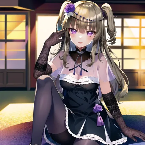 (hyper extreme detailed),(masterpeace),(hyper extreme),(photorealistic),CG,1girl, outdoors, <lora:meimei_himari:1>meimei_himari,flaxen hair,two said up,long hair,purple eyes,dark dress,sleeveless,purple pantyhose,sash long glove,black high heel