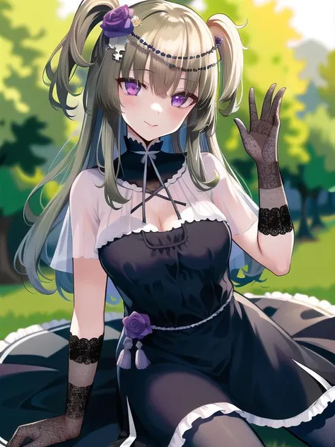 (hyper extreme detailed),(masterpeace),(hyper extreme),(photorealistic),CG,1girl, outdoors, <lora:meimei_himari:1>meimei_himari,flaxen hair,two said up,long hair,purple eyes,dark dress,sleeveless,purple pantyhose,sash long glove,black high heel