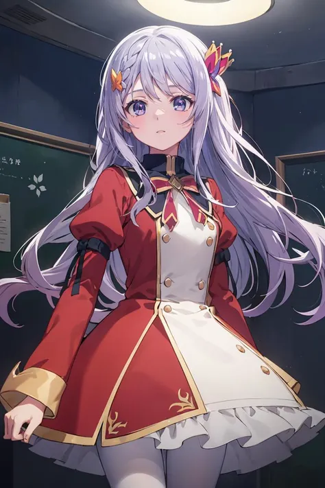 masterpiece, best quality, ultra-detailed, glistening shiny, glowing light, ray tracing, HDR, deph of field, (perfect face, detailed face), <lora:FloraBeltrum:0.7>, florabeltrum, long hair, crown braid, butterfly hair ornament, school uniform, red dress, black collar, puffy sleeves, long sleeves, red bowtie, white pantyhose