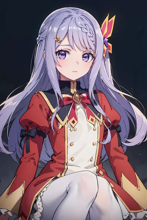 masterpiece, best quality, ultra-detailed, glistening shiny, glowing light, ray tracing, HDR, deph of field, (perfect face, detailed face), <lora:FloraBeltrum:0.7>, florabeltrum, long hair, crown braid, butterfly hair ornament, school uniform, red dress, black collar, puffy sleeves, long sleeves, red bowtie, white pantyhose