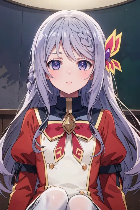 masterpiece, best quality, ultra-detailed, glistening shiny, glowing light, ray tracing, HDR, deph of field, (perfect face, detailed face), <lora:FloraBeltrum:0.7>, florabeltrum, long hair, crown braid, butterfly hair ornament, school uniform, red dress, black collar, puffy sleeves, long sleeves, red bowtie, white pantyhose