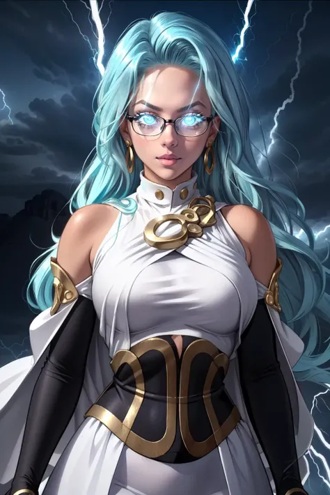 (masterpiece, best quality), intricate details,
1girl, <lora:psykos-nvwls-v1:0.8> psykos, aqua hair, aqua eyes, glasses, earrings, white dress, underbust, bridal gauntlets
<lora:LowTierMeme:0.8> IncrsLowTier, electricity, glowing eyes