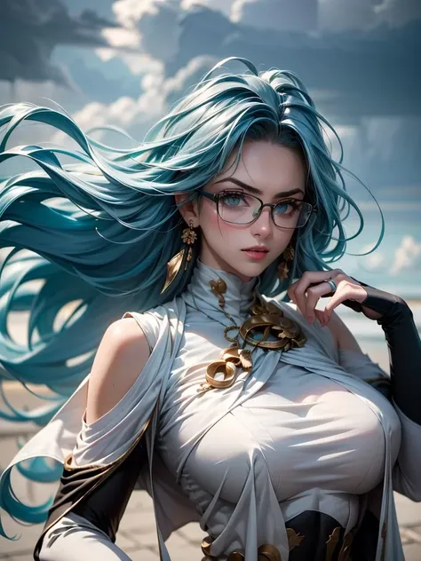 (best quality, masterpiece:1.2),<lora:psykos-nvwls-v1:0.8>,1girl,solo,narrow_waist,huge breasts,psykos,aqua hair,glasses,earrings,white dress,underbust,bridal gauntlets,upper body,furrowed brow,thunderstorm,grey skies,from above,floating hair,<lora:add_detailç»èè°èå¨:0.1>,<lora:æ¶å°ç¾å¥³ï¼å¤å§¿å¿å¨ä½ï¼v3.2:0.5>,