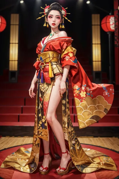 highres,absurdres,masterpiece,best quality,original,extremely detailed CG,extremely detailed wallpaper,perfect lighting,jitome,lips,makeup,standing on the stage,blurry background,
<lora:OiranTemptation:0.8>,edgOiran_woman,perfect edgOiran_face,perfect edgOiran_body,edgOiran_makeup,edgOiran_hairstyle,wearing edgTemptation,
