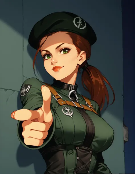 score_9, score_8_up, score_7_up, source_anime 1girl, brown hair in ponytail, finger gun, pointing at viewer,<lora:Fingergun_XLPD:1>, upper body,bosuni, wearing blackbos_uni, beret, night, dim lighting, dark theme, against wall, looking at viewer, hallway , zPDXL, <lora:BOSuniform:0.8> ,  <lora:[GP] Optionaltypo style [Pony XL]:0.75>