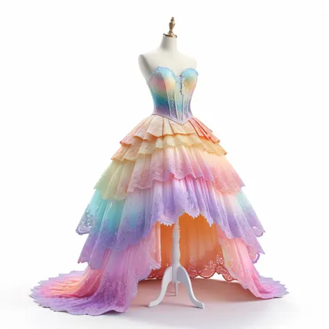 skirt,costume design,iridescence,Saturation,layered,lace,gradient,Individual object,a computer rendering,white,background,octane render,morphyrichards {masterpiece},{best quality},highres,8k,wlop,stunning,much detail,UHD,