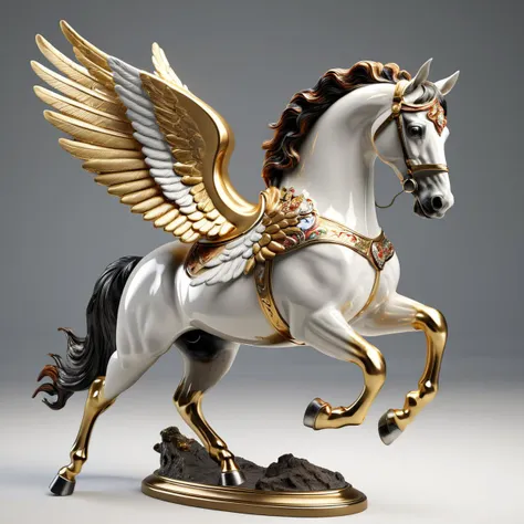 galloping Horse,ceramics,Tri-coloured,Horseshoe is golden,With a pair of golden wings,Individual object,a computer rendering,white_background,octane render,morphyrichards {masterpiece},{best quality},highres,8k,wlop,stunning,much detail,UHD,