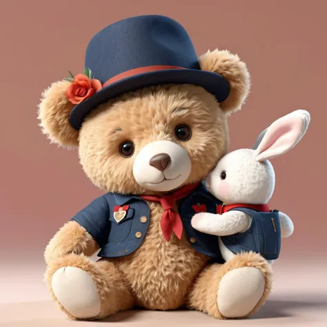 stuffed toy,teddy bear,dressed,Wearing a hat,Holding a rabbit,cute,sitting,Individual object,a computer rendering,white_background,octane render,morphyrichards {masterpiece},{best quality},highres,8k,wlop,stunning,much detail,UHD,