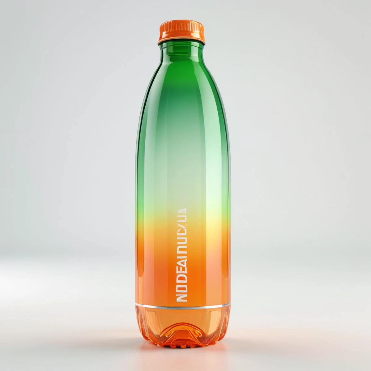 Mineral water bottle,streamlined,transparent,elongated,gradient color,top orange,bottom green,metal bottle cap,Individual object,a computer rendering,white_background,octane render,morphyrichards {masterpiece},{best quality},highres,8k,wlop,stunning,much detail,UHD,