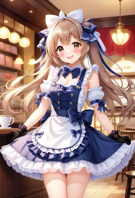 (kawaii, cute, lolitafashion:1), (full body, cute girl, long hair:1.1), (multilayered idol cafe dress, apron covered in bows, chest bow, giant waist bow, huge hair bow, lace gloves:1.3), (shiny glossy clothing), soft lighting, (lace, frills and bows:1.1), (glossy lips, kawaii makeup:1.2), (happy smile with closed eyes, curtsy:1.4), (idol cafe, cosplay cafe, tables and chairs, intricate cafe background:1.4),