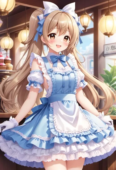 (kawaii, cute, lolitafashion:1), (full body, cute girl, long hair:1.1), (multilayered idol cafe dress, apron covered in bows, chest bow, giant waist bow, huge hair bow, lace gloves:1.3), (shiny glossy clothing), soft lighting, (lace, frills and bows:1.1), (glossy lips, kawaii makeup:1.2), (happy smile with closed eyes, curtsy:1.4),