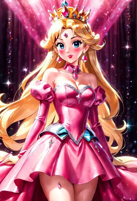 professional detailed (full body) photo, (princess peach) dressed in (latex pink princess dress), (long blonde hair), (jewelry, (pink princess dress), (pink dress), princess crown, jewel brooch, long wide sleeves), (perfect face, beautiful face, symmetric face), (shiny glossy translucent clothing, gleaming oily latex fabric:1.1), (sparkles, sparkling hair, sparkling clothes, sparkles around face:1.2), (glossy lipstick, blush, eyeshadow, mascara, long eyelashes, extreme makeup:1.3),
(8k, RAW photo, photo-realistic, masterpiece, best quality, absurdres, incredibly absurdres, huge filesize, extremely detailed, High quality texture, physically-based rendering, Ray tracing),