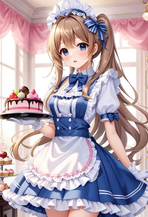 kawaii, cute, tafashion, long hair, multilayered waitress dress, apron with bows, chest bow, giant waist bow, huge hair bow, gloves, lace, frills, bows, glossy lips, cute makeup, serving tray with sweets
