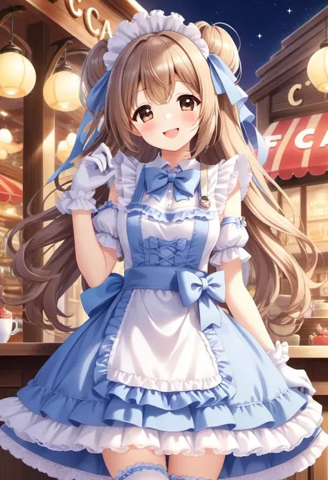 (kawaii, cute, lolitafashion:1), (full body, cute girl, long hair:1.1), (multilayered idol cafe dress, apron covered in bows, chest bow, giant waist bow, huge hair bow, lace gloves:1.3), (shiny glossy clothing), soft lighting, (lace, frills and bows:1.1), (glossy lips, kawaii makeup:1.2), (happy smile with closed eyes, curtsy:1.4), (idol cafe, cosplay cafe, tables and chairs, intricate cafe background:1.4),