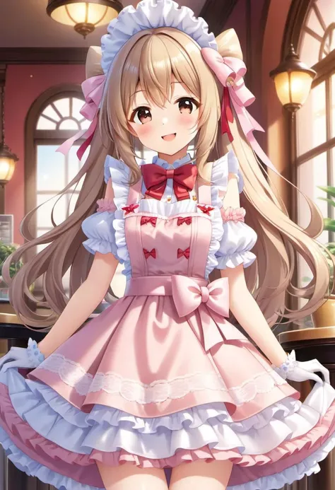 (kawaii, cute, tafashion:1), (full body, cute girl, long hair:1.1), (multilayered idol cafe dress, apron covered in bows, chest bow, giant waist bow, huge hair bow, lace gloves:1.3), (shiny glossy clothing), soft lighting, (lace, frills and bows:1.1), (glossy lips, kawaii makeup:1.2), (happy smile with closed eyes, curtsy:1.4)
