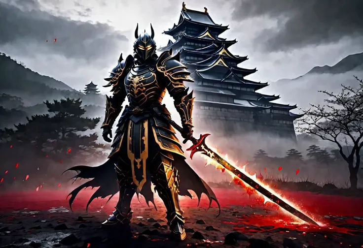 high quality, best quality, full body ,warrior of darkness, clad in black and gold japanese style armor, armor stained by blood, infront of massive japanese castel, blood on ground, dark mist around