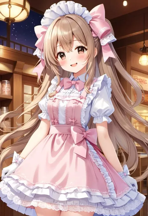 (kawaii, cute, tafashion:1), (full body, cute girl, long hair:1.1), (multilayered idol cafe dress, apron covered in bows, chest bow, giant waist bow, huge hair bow, lace gloves:1.3), (shiny glossy clothing), soft lighting, (lace, frills and bows:1.1), (glossy lips, kawaii makeup:1.2), (happy smile with closed eyes, curtsy:1.4),