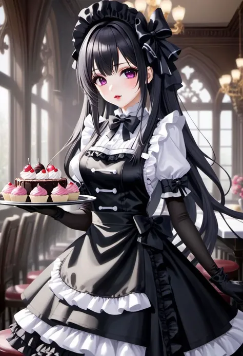 gothic, goth, tafashion, long hair, gothic multilayered waitress dress, apron with bows, chest bow, giant waist bow, huge hair bow, gloves, lace, frills, bows, symmetric face, perfect face, glossy dark lips, gothic makeup, serving tray with sweets