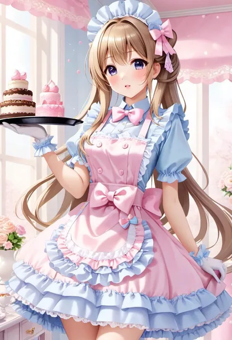kawaii, cute, tafashion, long hair, pastel multilayered waitress dress, apron with bows, chest bow, giant waist bow, huge hair bow, gloves, lace, frills, bows, glossy lips, cute makeup, serving tray with sweets