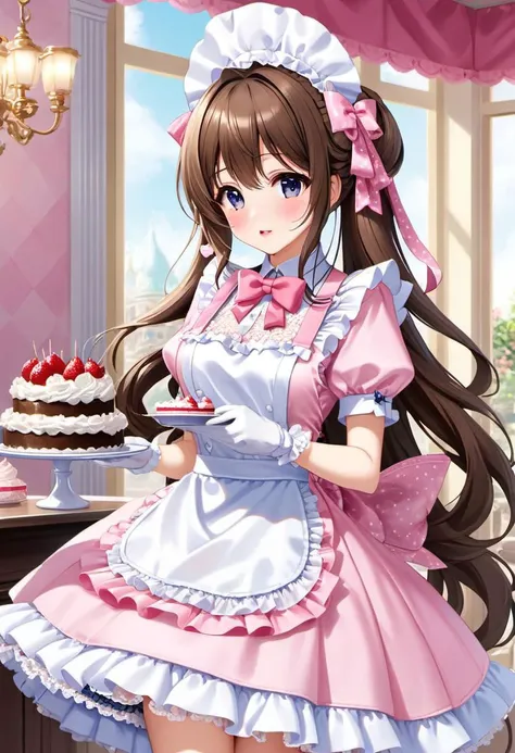cute, tafashion, long hair, multilayered waitress dress, apron with bows, chest bow, giant waist bow, huge hair bow, gloves, lace, frills, bows, glossy lips, cute makeup, serving cake