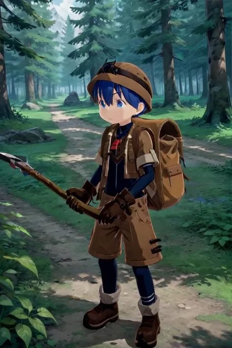 masterpiece, ultra detail, forest, detailed background, looking at camera
<lora:made_in_abyss_-_binary_star_-_aki-000008:0.7>
mia_aki, solo, blue eyes, shirt, gloves, 1boy, hat, holding, closed mouth, blue hair, standing, full body, male focus, boots, outdoors, shorts, black gloves, bag, black shirt, brown footwear, backpack, helmet, male child, brown shorts, whistle, pickaxe
<lora:XDetail_heavy:1>