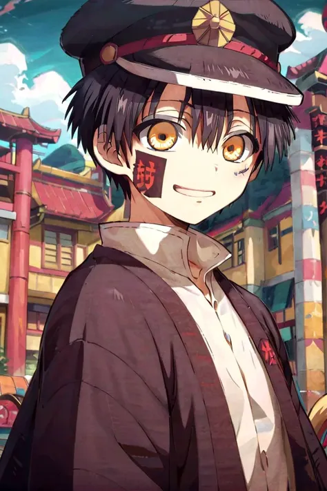 1boy,
masterpiece, ultra detail,
<lora:tsukasa-000009:0.7>
tsukasa, solo, looking at viewer, wide evil sneer , black hair,  school uniform, yellow eyes,  standing, whole body, hat, kimono, village
<lora:XDetail_heavy:1>