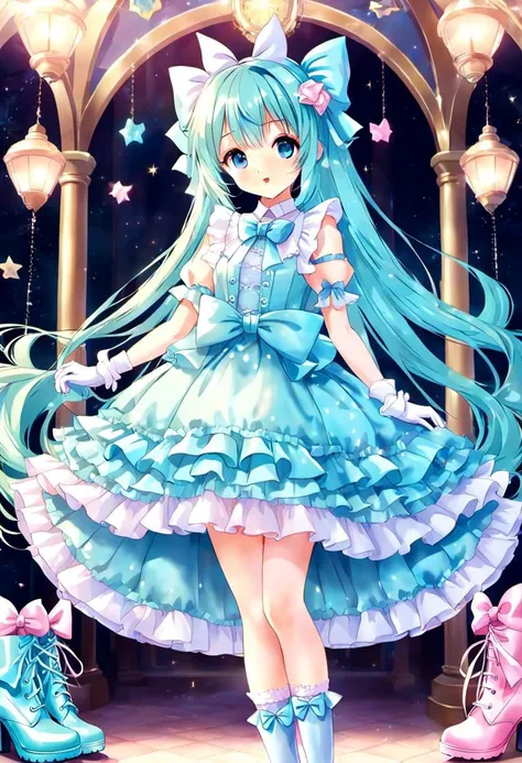 (kawaii, cute, tafashion:1), (cyan magical girl, long hair, multicolored hair:1.2), (pastel frilly lolishion dress:1.2), (lace gloves, multilayered dress:1), (shiny glossy gradient clothing:1.3), soft lighting, (cute shoes, lolitafan shoes, shoes focus, bobby socks:1.2), (many frills, many big bows, lace:1.3), (glossy lips, kawaii makeup:1.2), (happy smile:1), (sitting on pink sofa:1.3), (sparkling hair, sparkling clothes, sparkling eyes:1.1),