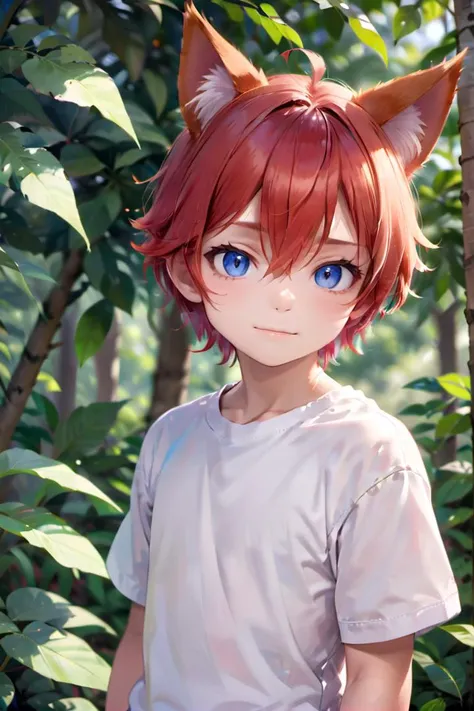 <lora:aki_sdxl_v10:0.6>,1boy, aki, crimson hair, animal ears, masterpiece, ultra detail, forest, blue eyes