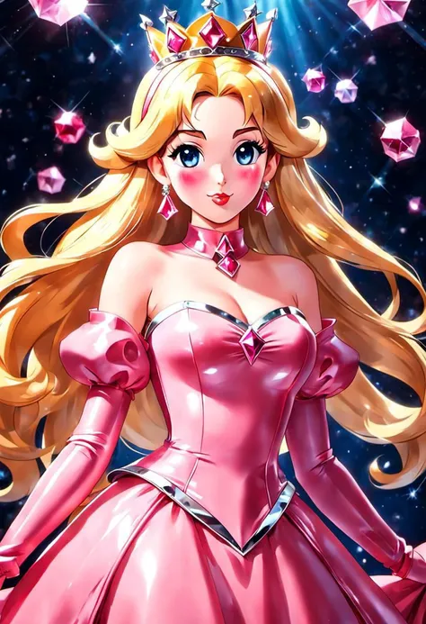 professional detailed (full body) photo, (princess peach) dressed in (latex pink princess dress), (long blonde hair), (jewelry, (pink princess dress), (pink dress), princess crown, jewel brooch, long wide sleeves), (perfect face, beautiful face, symmetric face), (shiny glossy translucent clothing, gleaming oily latex fabric:1.1), (sparkles, sparkling hair, sparkling clothes, sparkles around face:1.2), (glossy lipstick, blush, eyeshadow, mascara, long eyelashes, extreme makeup:1.3),
(8k, RAW photo, photo-realistic, masterpiece, best quality, absurdres, incredibly absurdres, huge filesize, extremely detailed, High quality texture, physically-based rendering, Ray tracing),