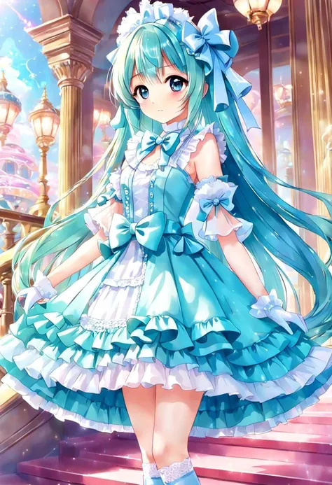 (kawaii, cute, tafashion:1), (cyan magical girl, long hair, multicolored hair:1.2), (pastel frilly lolishion dress:1.2), (lace gloves, multilayered dress:1), (shiny glossy gradient clothing:1.3), soft lighting, (cute shoes, lolitafan shoes, shoes focus, bobby socks:1.2), (many frills, many big bows, lace:1.3), (glossy lips, kawaii makeup:1.2), (happy smile:1), (sitting on pink sofa:1.3), (sparkling hair, sparkling clothes, sparkling eyes:1.1),
