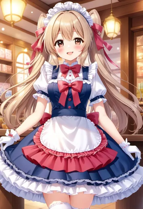 (kawaii, cute, lolitafashion:1), (full body, cute girl, long hair:1.1), (multilayered idol cafe dress, apron covered in bows, chest bow, giant waist bow, huge hair bow, lace gloves:1.3), (shiny glossy clothing), soft lighting, (lace, frills and bows:1.1), (glossy lips, kawaii makeup:1.2), (happy smile with closed eyes, curtsy:1.4)