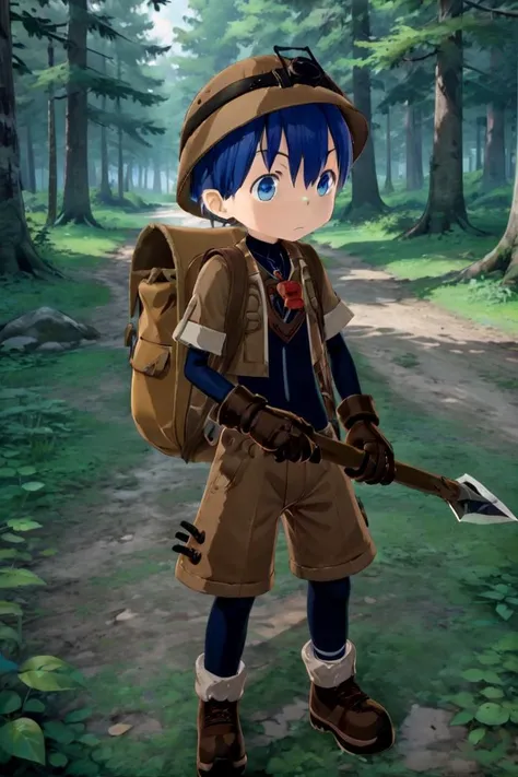 masterpiece, ultra detail, forest, detailed background, looking at camera
<lora:made_in_abyss_-_binary_star_-_aki-000008:0.7>
mia_aki, solo, blue eyes, shirt, gloves, 1boy, hat, holding, closed mouth, blue hair, standing, full body, male focus, boots, outdoors, shorts, black gloves, bag, black shirt, brown footwear, backpack, helmet, male child, brown shorts, whistle, pickaxe
<lora:XDetail_heavy:1>