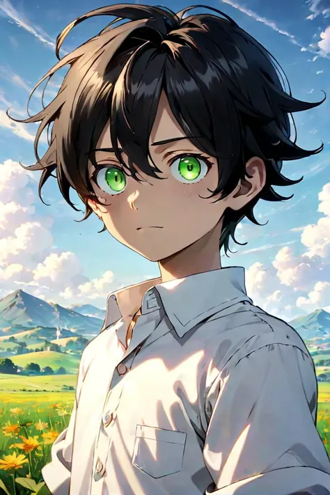 <neverland_ray-sdxl-v10:0.7>
one -yeld boamed neverland_ray, standing alone in outdoors next to green open plains, wearing white collared shirt, he has small green eyes,black hair, white pants, serious face,
draw it in the style of The promised Neverland,
The soft lighting and detailed surroundings create an immersive environment where imagination runs wild hyper-detailed,
hyper-detailed face, high quality visuals, dim Lighting, sharply focused, octane render, 8k UHD