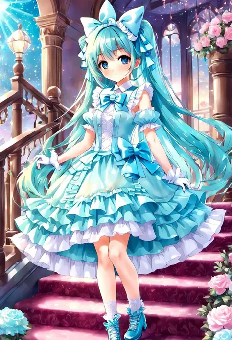 (kawaii, cute, tafashion:1), (cyan magical girl, long hair, multicolored hair:1.2), (pastel frilly lolishion dress:1.2), (lace gloves, multilayered dress:1), (shiny glossy gradient clothing:1.3), soft lighting, (cute shoes, lolitafan shoes, shoes focus, bobby socks:1.2), (many frills, many big bows, lace:1.3), (glossy lips, kawaii makeup:1.2), (happy smile:1), (sitting on pink sofa:1.3), (sparkling hair, sparkling clothes, sparkling eyes:1.1),