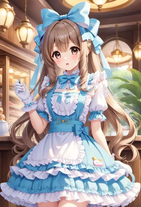 kawaii, cute, tafashion, long hair, (multilayered idol cafe dress, apron with bows, chest bow, giant waist bow, huge hair bow, gloves), (lace, frills, bows), (glossy lips, cute makeup:1.2), (curtsy:1.3),