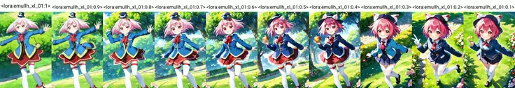 (masterpiece), (best quality), (detailed background, best lighting), ultra-detailed, highly detailed, (((blush))), solo, (happy), (smile),
<BRAKE>
on stone, on grass, (colorful flowers), shadow, sunlight, warm, side lighting,
<BRAKE>
1girl, ahoge, ascot, emullh, gradient hair, hat, jacket, mini hat, nature, pink hair, red eyes, smile, solo, thighhighs, white thighhighs, looking at viewer, animal ears, holding apple, apple  <lora:emullh_xl_01:1>