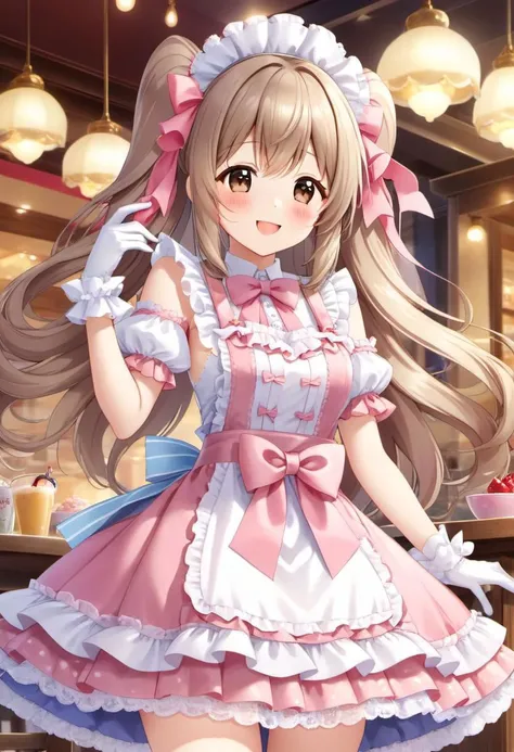 (kawaii, cute, tafashion:1), (full body, cute girl, long hair:1.1), (multilayered idol cafe dress, apron covered in bows, chest bow, giant waist bow, huge hair bow, lace gloves:1.3), (shiny glossy clothing), soft lighting, (lace, frills and bows:1.1), (glossy lips, kawaii makeup:1.2), (happy smile with closed eyes, curtsy:1.4), (idol cafe, cosplay cafe, tables and chairs, intricate cafe background:1.4),