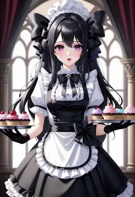 gothic, goth, lolitafashion, long hair, gothic multilayered waitress dress, apron with bows, chest bow, giant waist bow, huge hair bow, gloves, lace, frills, bows, symmetric face, perfect face, glossy dark lips, gothic makeup, serving tray with gothic sweets
