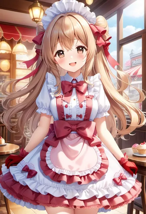 (kawaii, cute, tafashion:1), (full body, cute girl, long hair:1.1), (multilayered idol cafe dress, apron covered in bows, chest bow, giant waist bow, huge hair bow, lace gloves:1.3), (shiny glossy clothing), soft lighting, (lace, frills and bows:1.1), (glossy lips, kawaii makeup:1.2), (happy smile with closed eyes, curtsy:1.4), (idol cafe, cosplay cafe, tables and chairs, intricate cafe background:1.4),