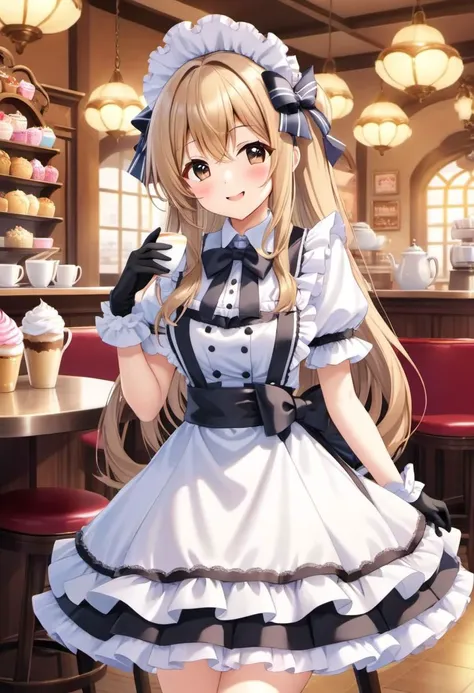 kawaii, cute, tafashion, long hair, (multilayered idol cafe dress, apron with bows, chest bow, giant waist bow, huge hair bow, gloves), (lace, frills, bows), (glossy lips, cute makeup:1.2), (smile with closed eyes, curtsy:1.4), (cosplay cafe, tables and chairs, intricate cafe background:1.2), angry