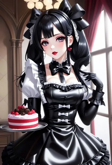 gothic, latex goth, latex lolitafashion, long hair, latex gothic multilayered waitress dress, apron with bows, chest bow, giant waist bow, huge hair bow, gloves, lace, frills, bows, symmetric face, perfect face, glossy dark lips, gothic makeup, serving tray with gothic sweets