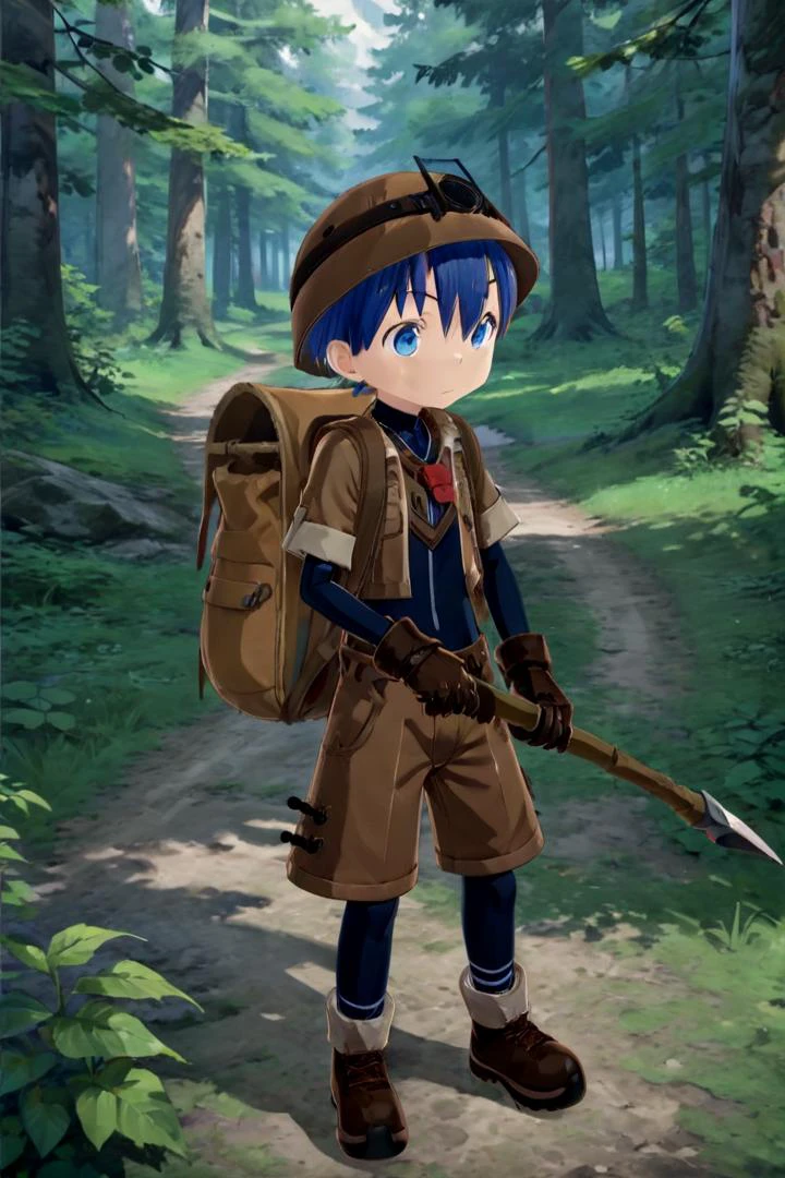 masterpiece, ultra detail, forest, detailed background, looking at camera
<lora:made_in_abyss_-_binary_star_-_aki-000008:0.7>
mia_aki, solo, blue eyes, shirt, gloves, 1boy, hat, holding, closed mouth, blue hair, standing, full body, male focus, boots, outdoors, shorts, black gloves, bag, black shirt, brown footwear, backpack, helmet, male , brown shorts, whistle, pickaxe
<lora:XDetail_heavy:1>