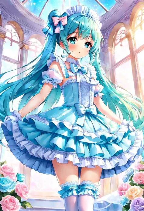 (kawaii, cute, tafashion:1), (cyan magical girl, long hair, multicolored hair:1.2), (pastel frilly lolishion dress:1.2), (lace gloves, multilayered dress:1), (shiny glossy gradient clothing:1.3), soft lighting, (cute shoes, lolitafan shoes, shoes focus, bobby socks:1.2), (many frills, many big bows, lace:1.3), (glossy lips, kawaii makeup:1.2), (happy smile:1), (sitting on pink sofa:1.3), (sparkling hair, sparkling clothes, sparkling eyes:1.1),